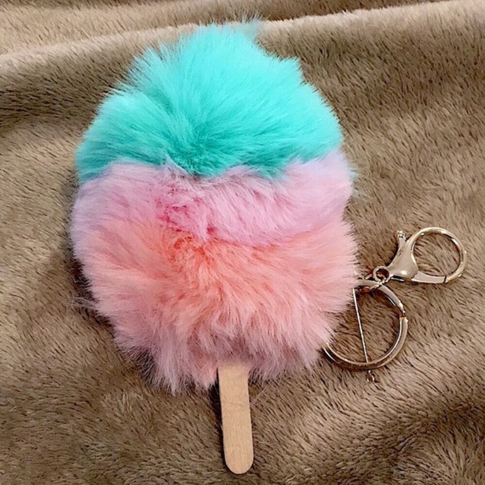 W Pink & Mint Fuzzy Ice Cream Pom Pom Keychain